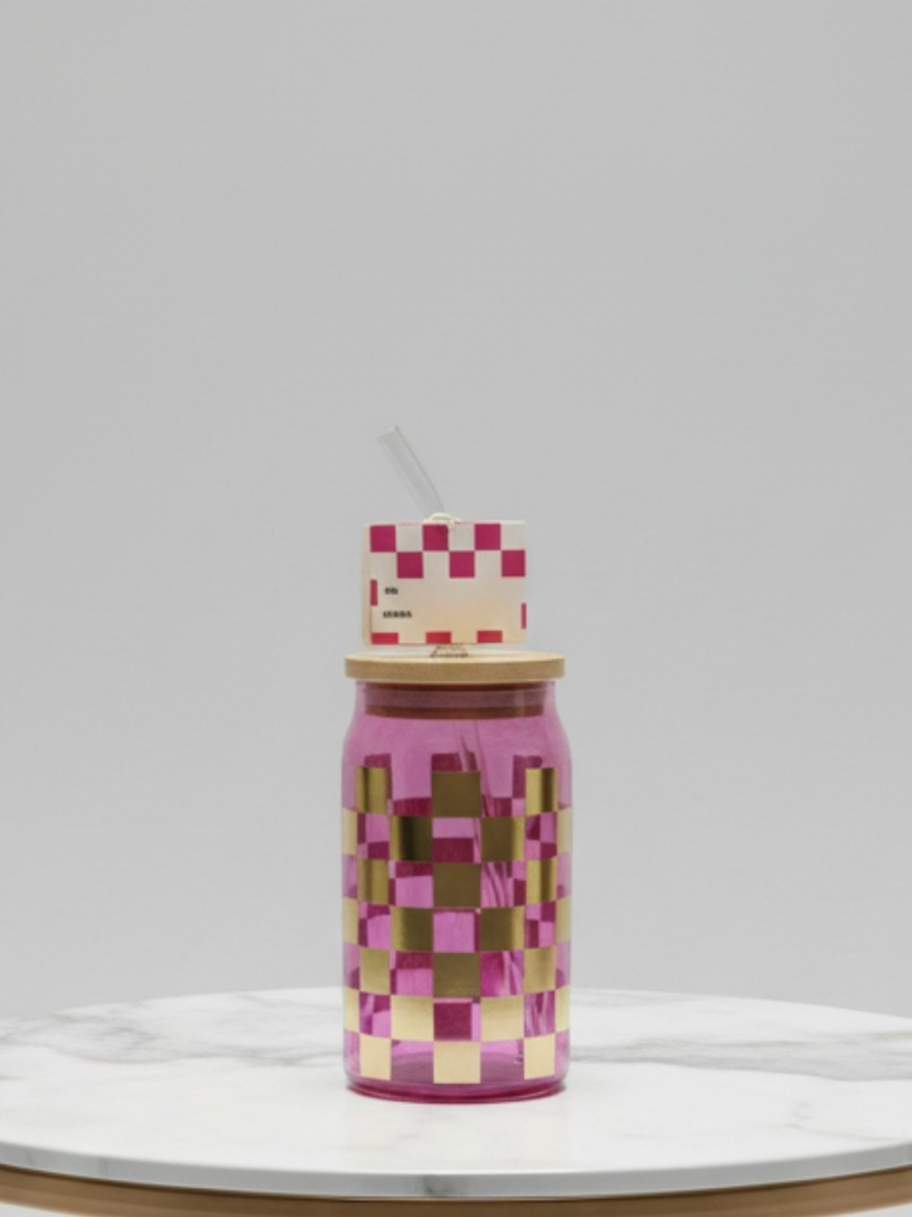 Pink Glass Reusable Drink Jar with Gold Checkerboard